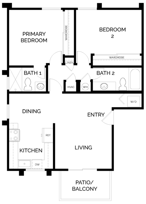 Monterey - 2 Bedroom 2 Bath Floor Plan Layout - 917 Square Feet at Sunstone Place, Riverside, 92505